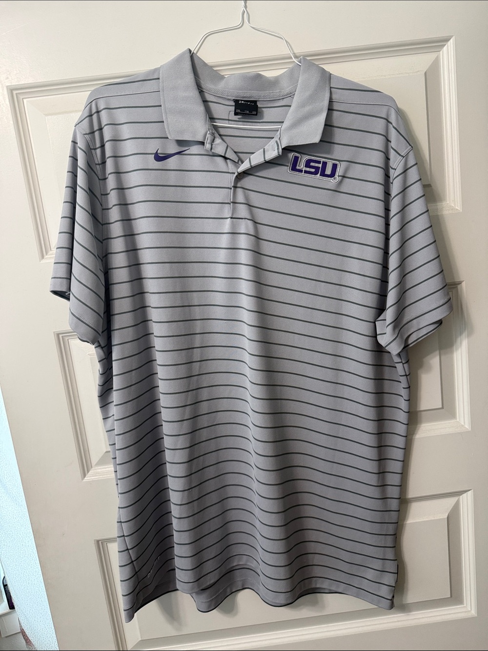 Nike Light Gray Striped Polo with Purple LSU Logo